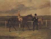 Harry Hall Mr J B Morris Leading his Racehorse 'Hungerford' with Jockey up and a Groom On a Racetrack Sweden oil painting artist